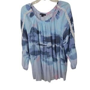 Zac & Rachel Women's Blue Watercolor Blue Off The Shoulder Boho  Peasant Top 1X